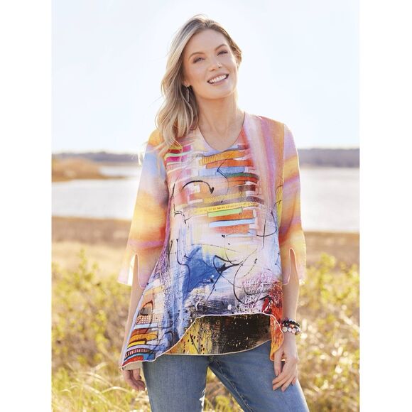 North Style Tops - North Style Women’s Tiered Abstract Woven Top 2X Layered Funky Artsy Art To Wear